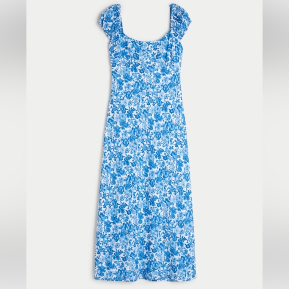 Hollister crepe cap sleeve open back midi dress in blue floral